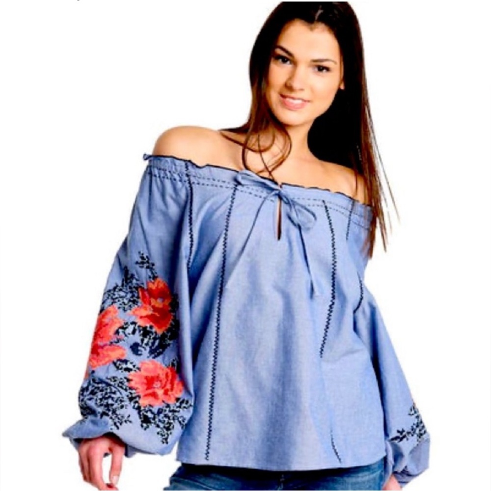 Parker Off Shoulder Denim Top Floral Embroidered Resort Chic Blouse